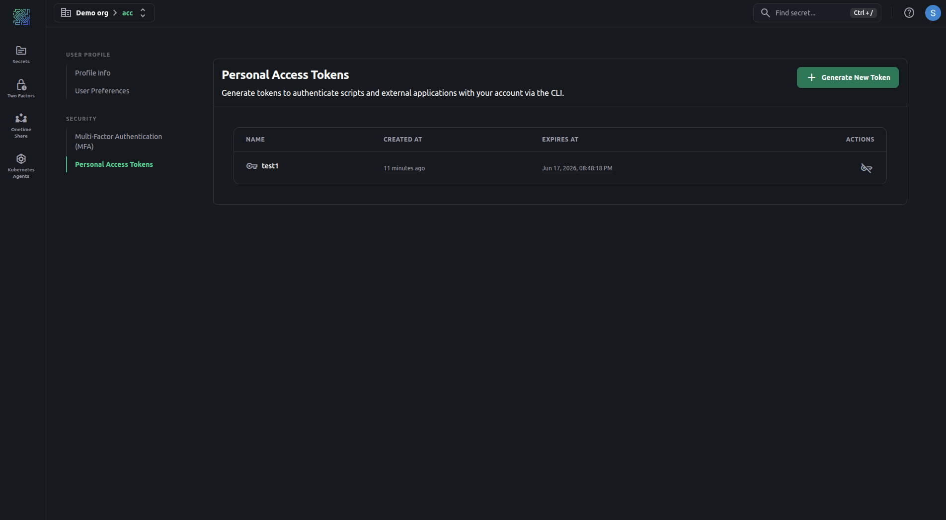 Personal Access Tokens UI